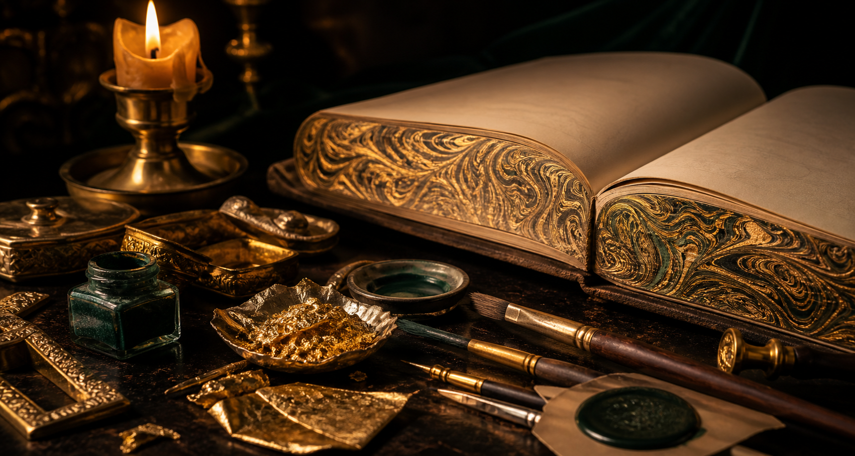 A vintage book with fore-edge decorating tools and gold accents.
