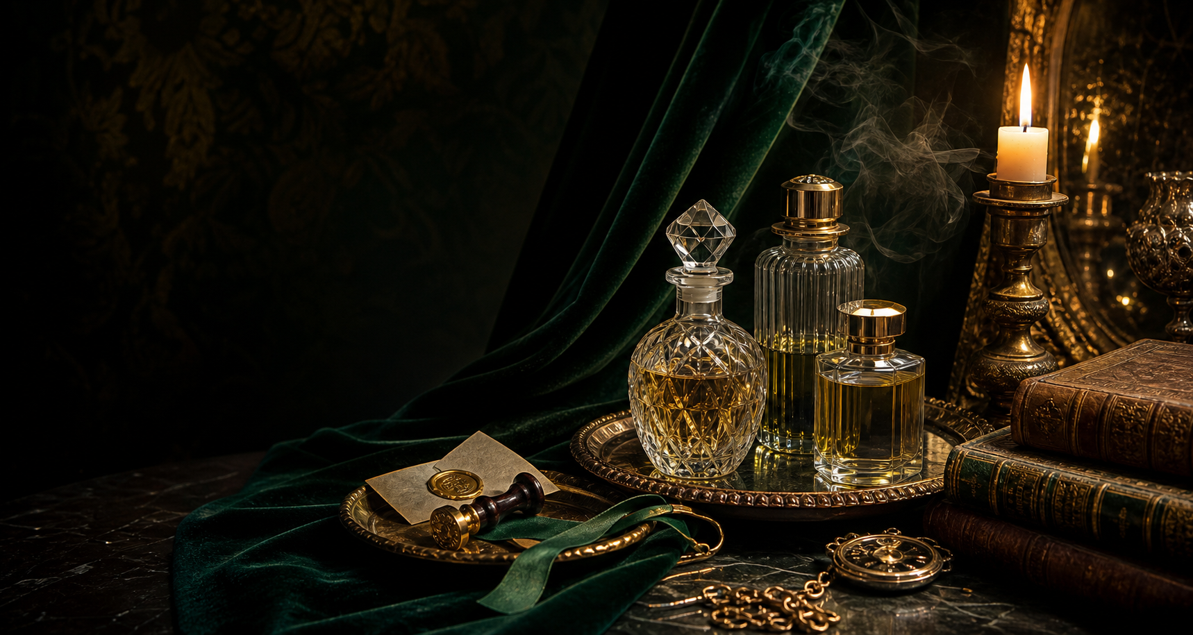 Candlelit perfume bottles, vintage books, emerald velvet, and a wax seal.