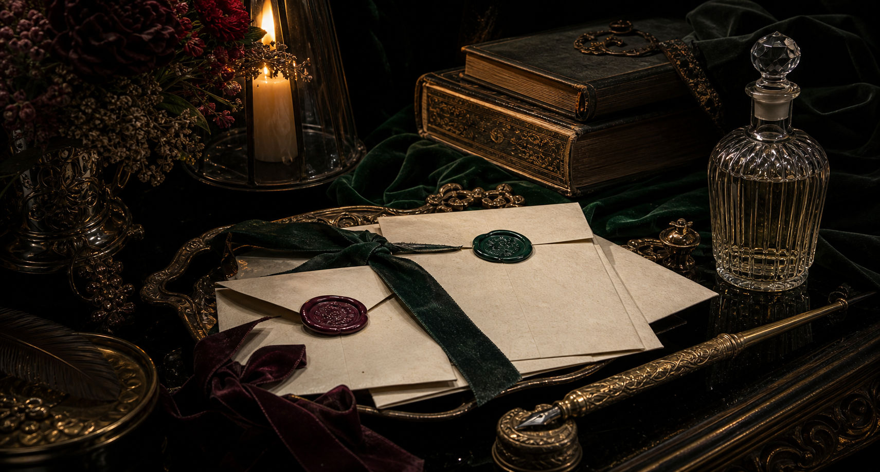 Wax-sealed invitations and vintage parlour objects.